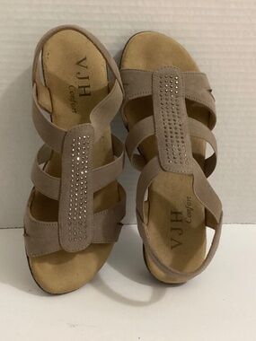 Ladies Sandals-Size 5-Taupe-Muted Rhinestones-Elastic Straps-VJH Confort
